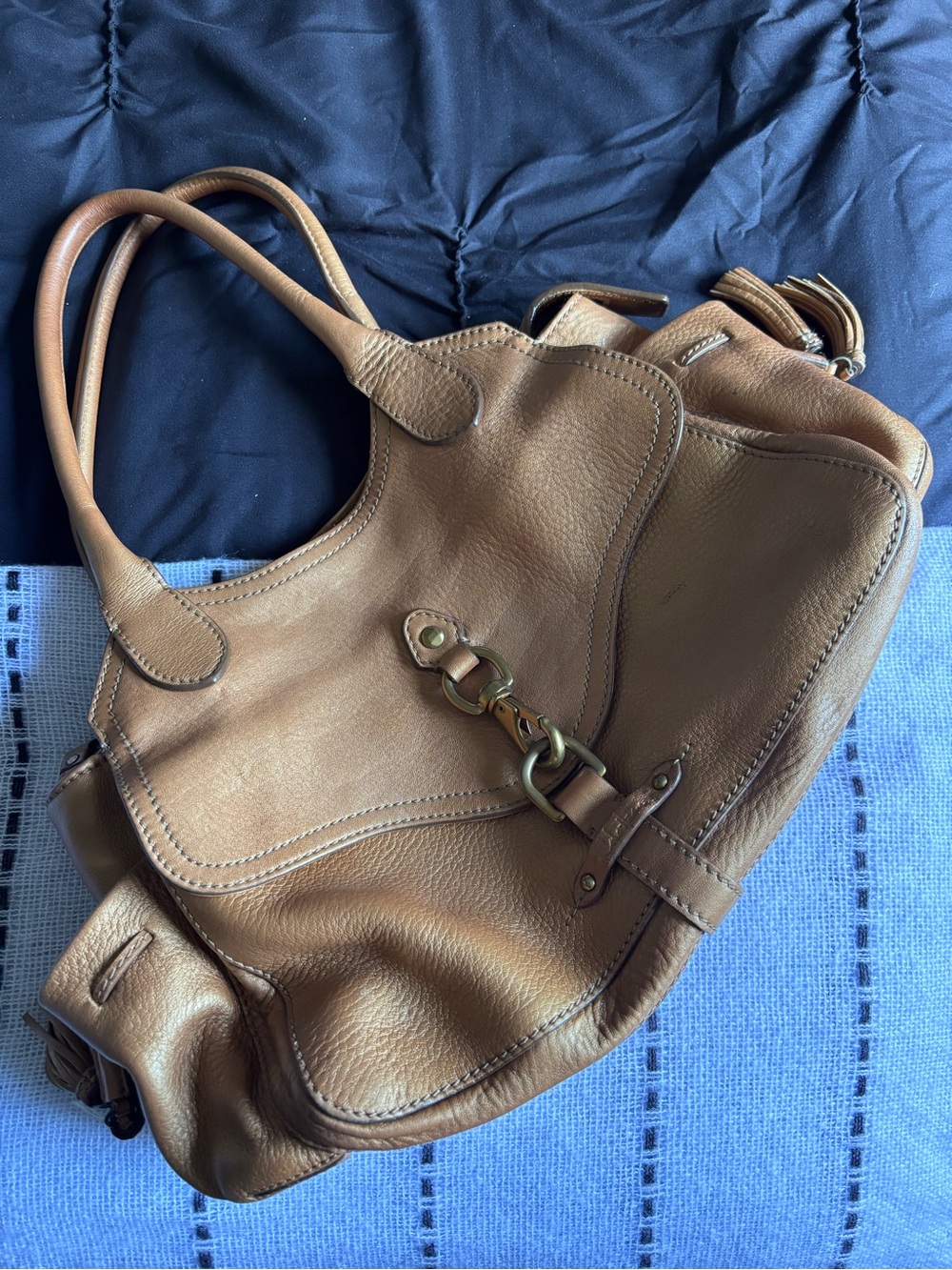 Cole Haan Brown Pebbled Leather Tote with Branded Plate